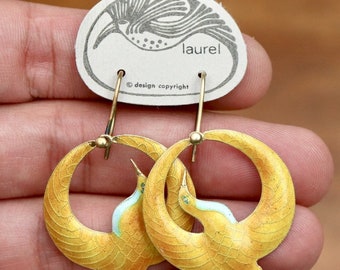 Vintage Laurel Burch Yellow Arched Crane Gold-Vermeil Earrings