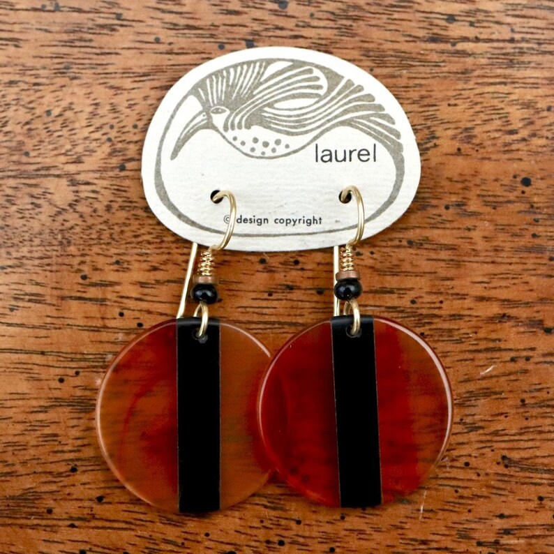 Vintage Laurel Burch Amber and Black Lucite Round Gold-Plate Dangles