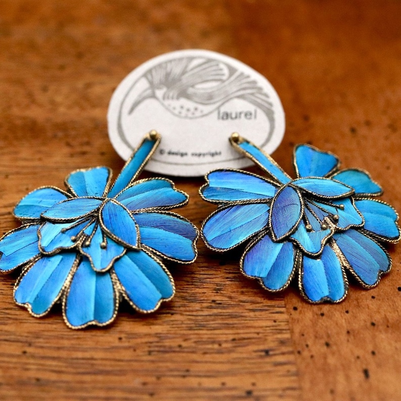 Vintage Laurel Burch Large Tian-Tsui 點翠 Flower Gold-Vermeil Earrings image 2