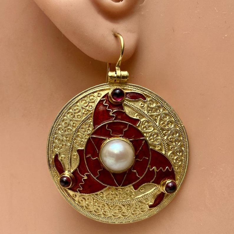 Sutton Hoo Triskelion Pearl and Garnet Earrings