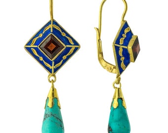 May include: A pair of gold earrings with blue enamel and turquoise stones. The earrings feature a square design with a garnet in the center.
