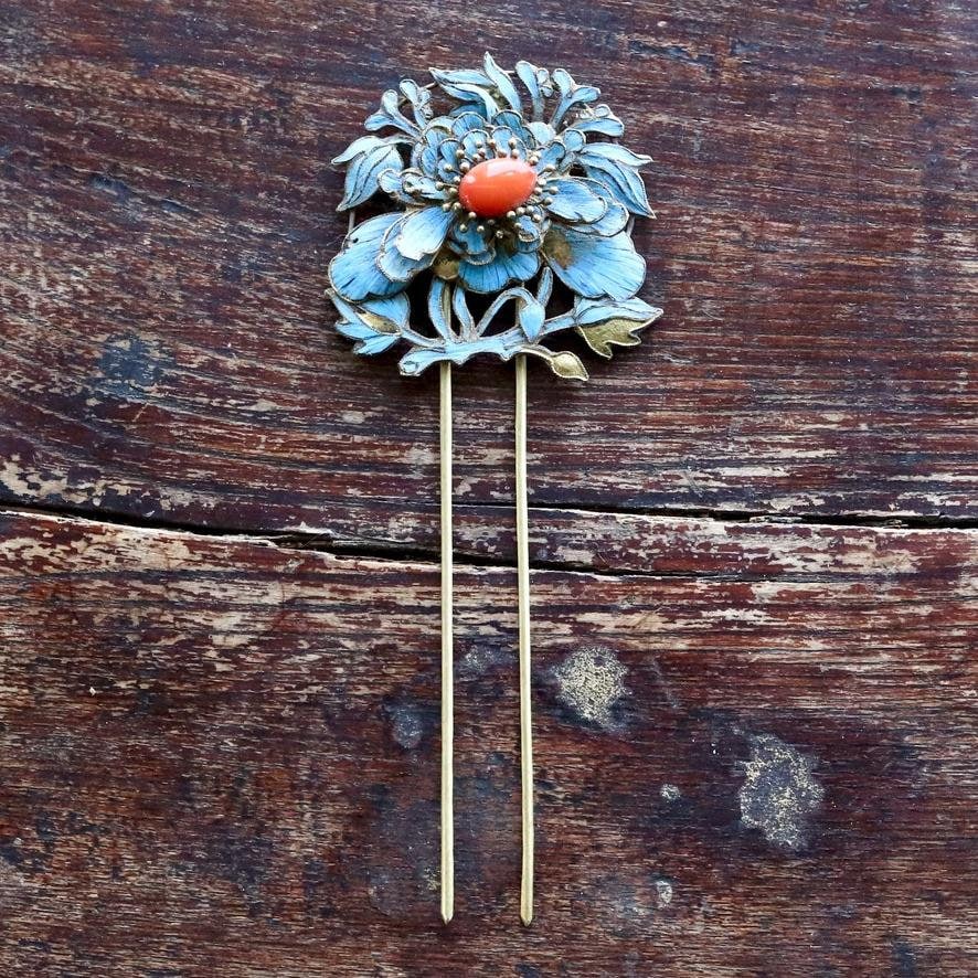 清朝時代のアンティーク天翠（點翠）ヘアピン - 特大 - Etsy 日本