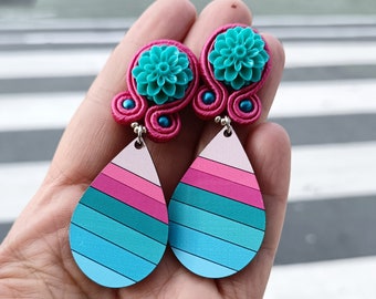 Turquoise, pink and fuchsia soutache earrings and drop with striped pattern, soutache jewellery, dangle earrings, earrings, Christmas gift