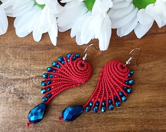 Red and denim angel wings macramè earrings, macramè jewels, macramè art, drop earrings, earrings, italian earrings, christmas gift idea