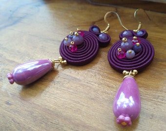 Boucles d'oreilles soutache prune et lilas, bijoux soutache, boucles d'oreilles pendantes, boucles d'oreilles rondes, boucles d'oreilles printanières italiennes, cadeau femme