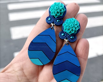 Turquoise, blue, light blue and drop soutache earrings with zigzag pattern, soutache jewellery, dangle earrings, earrings, Christmas gift