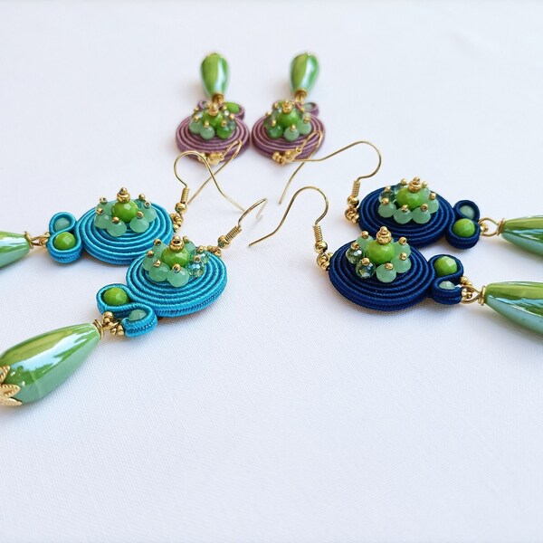 Boucles d'oreilles soutache rondes avec perles, cristaux et goutte en céramique vert anis, bleu, turquoise et rose, boucles d'oreilles fabriquées en Italie, bijoux