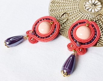 Salmon pink and violet soutache earrings, soutache jewels, drop earrings, italian earrings, italian jewels, christmas woman gift, clay jewel