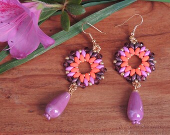 Orange and violet beads and crystals earrings, drop earrings, beaded earrings, beaded jewels, earrings, christmas gift idea woman, jewels