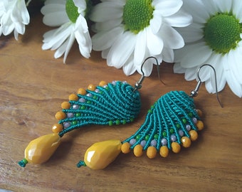 Teal, green and yellow Angel Wings macrame earrings, macramè earrings, macramè jewels, made in Italy earrings, christmas woman gift, jewels