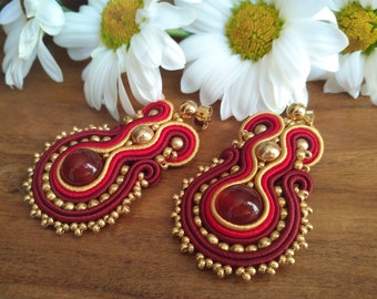 burgundy, red and gold earrings in soutache