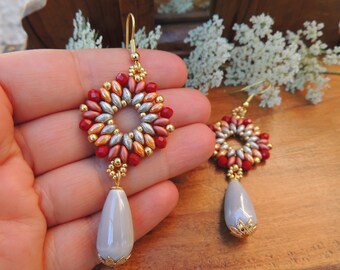 Orange/red and grey beads and crystals earrings with drop in ceramic