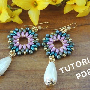 Pdf tutorial of earrings with superduo beads, rocailles beads and clay drop, diy earrings, scheme bead earrings, instruction beads earrings image 1