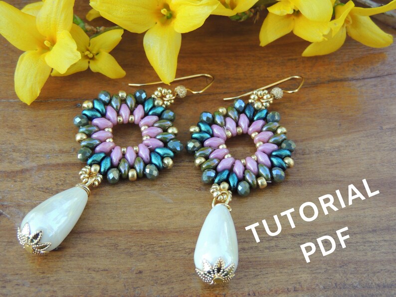 Pdf tutorial of earrings with superduo beads, rocailles beads and clay drop, diy earrings, scheme bead earrings, instruction beads earrings image 1