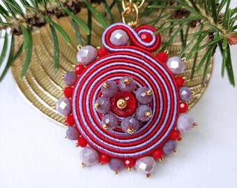 Red and violet medallion necklace soutache, soutache jewels, woman soutache pendant necklace, christmas gift necklace, round pendant