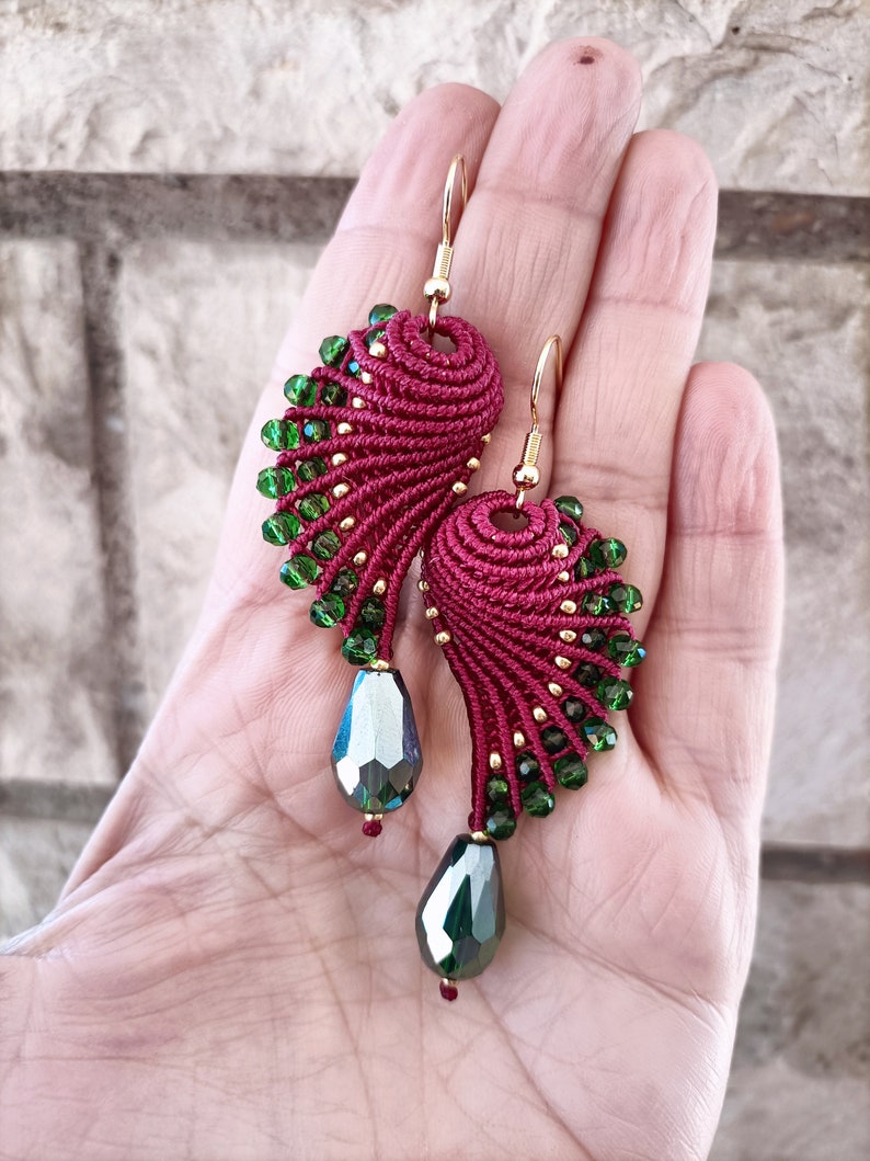 Wing-shaped macramé earrings in wine and dark green colours, macramé jewellery, pendant earrings, Italian jewellery, Christmas gift image 7