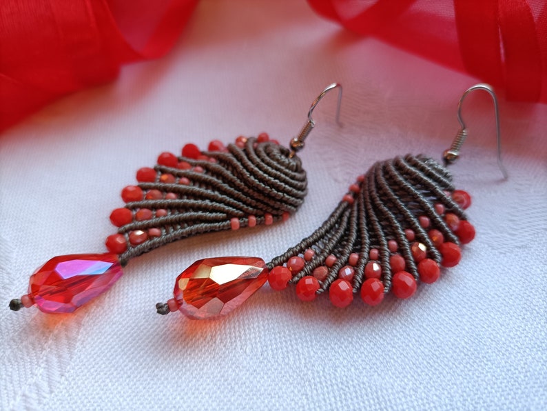 Brown and coral red knot Angel Wings earrings, macramè earrings, macramè jewels, italian jewels, drop earrings, christmas woman gift idea image 6