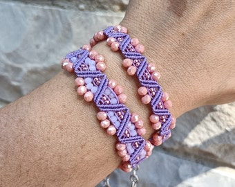 Wisteria and pink macrame bracelets of different widths, wisteria and pink bracelets, macrame jewelry, Christmas gift idea, purple and pink