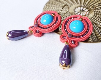 Salmon pink, light blue and violet soutache earrings, soutache jewels, italian earrings, italian jewels, christmas woman gift, clay jewel