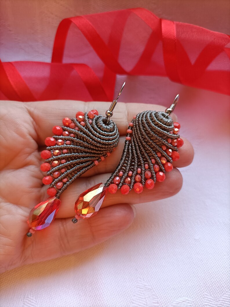 Brown and coral red knot Angel Wings earrings, macramè earrings, macramè jewels, italian jewels, drop earrings, christmas woman gift idea image 2