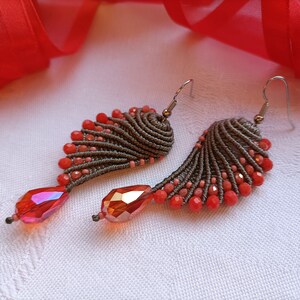 Brown and coral red knot Angel Wings earrings, macramè earrings, macramè jewels, italian jewels, drop earrings, christmas woman gift idea image 7