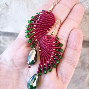 Wing-shaped macramé earrings in wine and dark green colours, macramé jewellery, pendant earrings, Italian jewellery, Christmas gift image 9