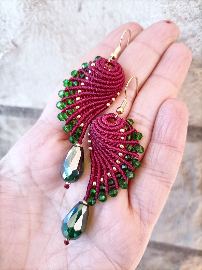 Wing-shaped macramé earrings in wine and dark green colours, macramé jewellery, pendant earrings, Italian jewellery, Christmas gift image 9