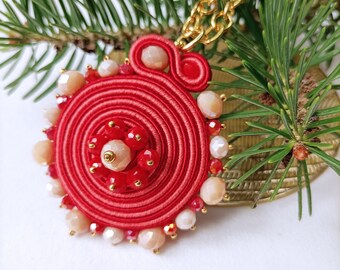 Red and pink salmon medallion necklace soutache, soutache jewels, woman soutache pendant necklace, christmas gift necklace, round pendant