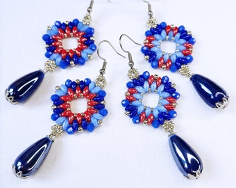 Blue, light sapphire and red beaded earrings, beads earrings, bead jewels, made in Italy jewels, woman gift, long earrings, pendant earrings