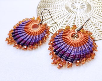 Plum, wisteria and orange peacock tail macramè earrings, macramè jewels, made in Italy jewels, dangle earrings, christmas woman gift, jewels