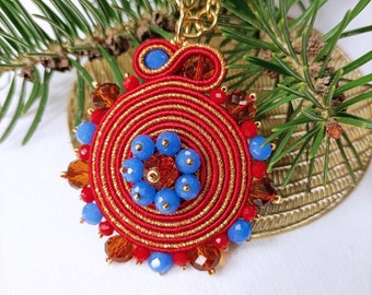 Red and electric blue medallion necklace soutache, soutache jewels, woman soutache pendant necklace, christmas gift necklace, round pendant