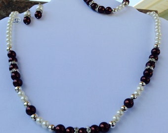 Brown Pearl and Crystal Single Strand Necklace/Bracelet/Earring Set