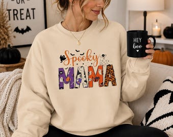Spooky Mama Halloween Crewneck Sweatshirt, Colorful Fall Graphic Tee