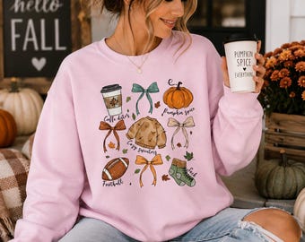 Pink Autumn Collage Sweatshirt, Pumpkin Spice Coffee Football Cozy Fall Pullover