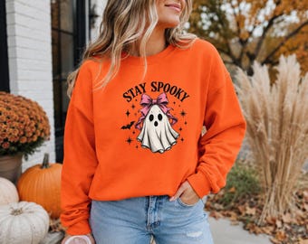 Stay Spooky Ghost Sweatshirt, Pink Bow Halloween Crewneck, Fall Pullover
