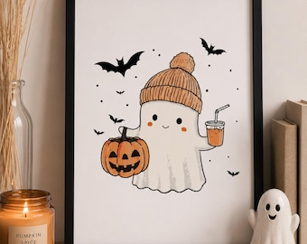 Kawaii Ghost Halloween Print, Cozy Pumpkin Season Art (Digital Download)