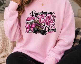 Coffee Chaos Crewneck Sweatshirt | Pink Leopard Messy Bun Mom Life