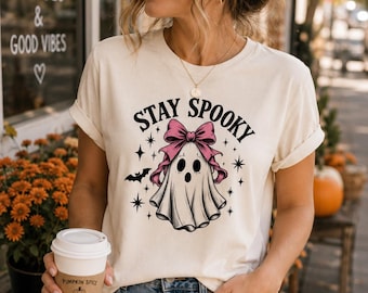 Stay Spooky Ghost Tee, Pink Bow Halloween Shirt, Fall Outfit