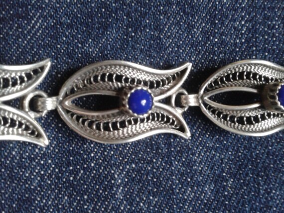 Vintage Silver and Lapis Lazuli Filigree Bracelet