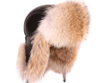 Aviator hat made of real coyote fur 