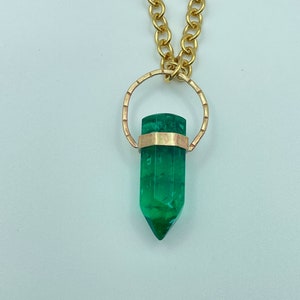 Lab Emerald Green Crystal Point Pendant Necklace