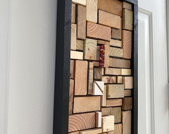 Abstract Wood Wall Art: Geometric Reclaimed Wood Sculpture ‘kick’