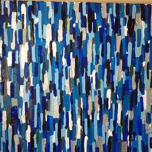 May include: Abstract painting with a vertical pattern of blue, white, grey, and black brushstrokes.