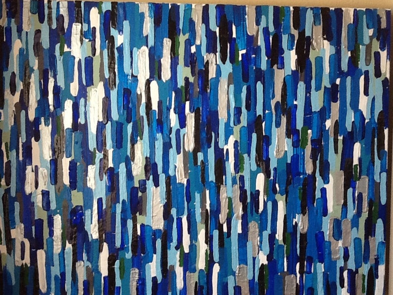 May include: Abstract painting with a vertical pattern of blue, white, grey, and black brushstrokes.