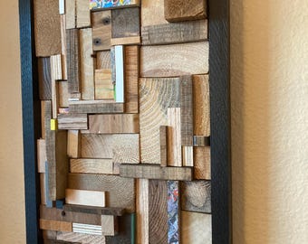 Abstract Wood Wall Art: Geometric Reclaimed Wood Sculpture ‘get the balance right’