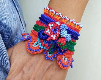 Crochet Cuff Bracelet, Colored Cuff Bracelet, Beaded Bracelet, Beaded Cuff, Jewelry, Freeform Crocheted