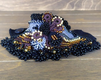 Crochet Cuff Bracelet, Beaded Cuff Bracelet, Cuff Bracelet in Black - Brown - Gray, Freeform Crochet Cuff Bracelet