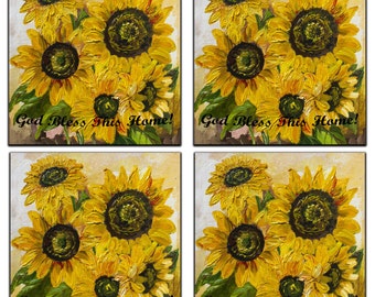 Handmade Beautiful (4) 4.25" x 4.25" Ceramic Tile-God Bless this Home, Sunflowers,- Coasters with Cork Bottom