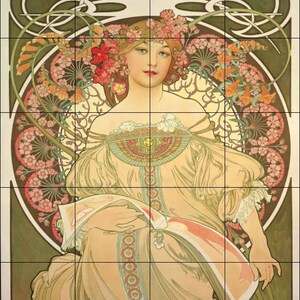 Kitchen-Bathroom-Shower Tile Mural Handmade, Ceramic Tile Mural Backsplash 24 x 30 Mucha Art