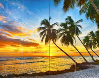 Tile Mural 17" x 12.75 Ceramic Tile MuraL Backsplash Sunset Beach and Palm Trees 709